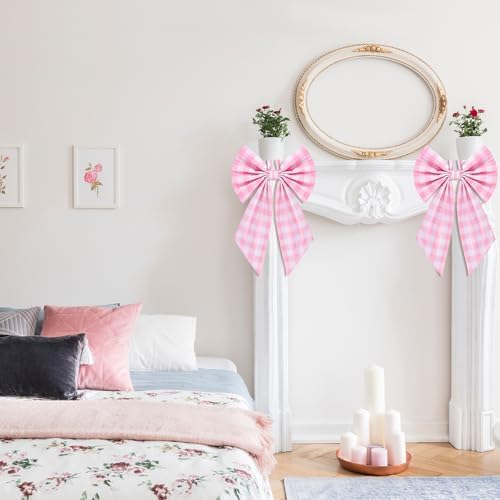 Suncalla 2 Pcs Pink Christmas Plaid Wreath Bows 18'' x 12''
