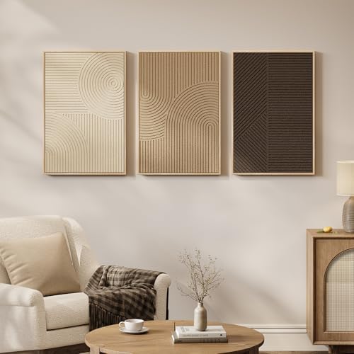 3D Textured Framed Neutral Abstract Wall Art Set, 3 Piece Modern Artwork