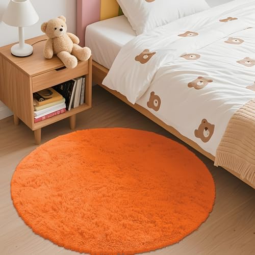 OLANLY Orange Round Rugs for Bedroom - Machine Washable, 3 ft Circle Area Rugs for Living Room, Soft and Fluffy Shaggy