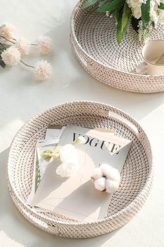 HITOMEN Hand-Woven Round Rattan Serving Tray Decorative Ottoman Wicker Platter with Handles for Coffee Table, Breakfast, Drinks, Snack, Bread, Fruit, Vegetables (Whitewash Set of 2: M+L)