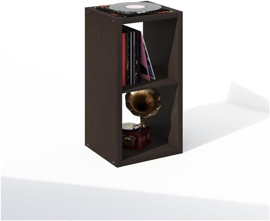 Furinno Cubicle Record Player Stand, 2-Cube Record Storage, Dark Oak | Vinyl Storage, 1.2"Inch Extra Thick, Open Back