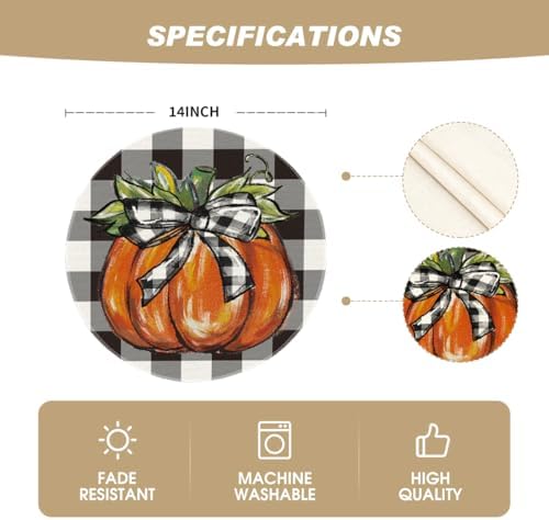 Artoid Mode Buffalo Plaid Pumpkin Fall Round Placemats Set of 4, 14 Inch Round Table Mats for Dining Decoration
