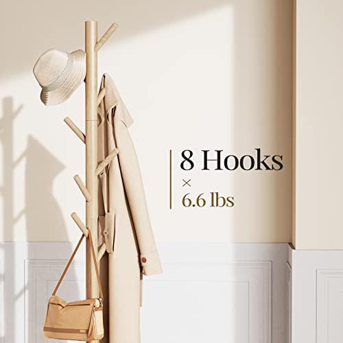 Pipishell Solid Wooden Coat Rack Freestanding with 8 Hooks, Natural