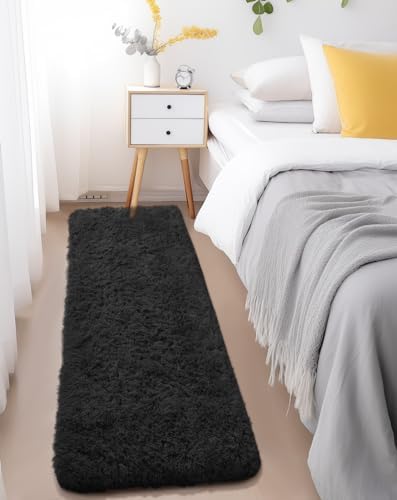 Ophanie Runner Rug for Hallway, 2x6 Bedroom Black Runner Rugs, Non Slip Fluffy Soft Shaggy Bedside Carpet for Kids