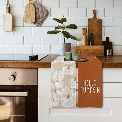 Fall Hello Pumpkin Kitchen Towels and Dishcloths Sets of 2, Fall Burnt Orange Beige White Pumpkin Decor Dish Hand Tea Towels Gifts for Bathroom Kitchen, Autumn Aesthetic Fall Decor, 16x24 in