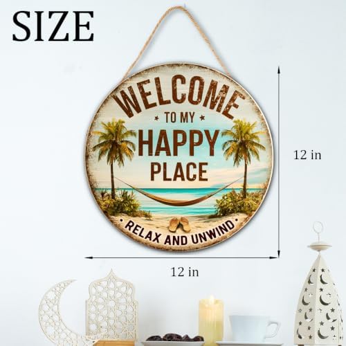Welcome To My Happy Place Wooden Hanging Sign for House Front Door, Lake Beach House Welcome Sign for Porch Garden Patio