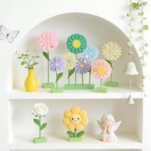 SUNBEAUTY 8PCS Daisy Party Decorations Felt Flowers Daisy Centerpieces for Tables Spring Flower Tables Decor Pastel Flower Table Decorations for Girl Birthday Baby Shower Spring Garden Home Decor