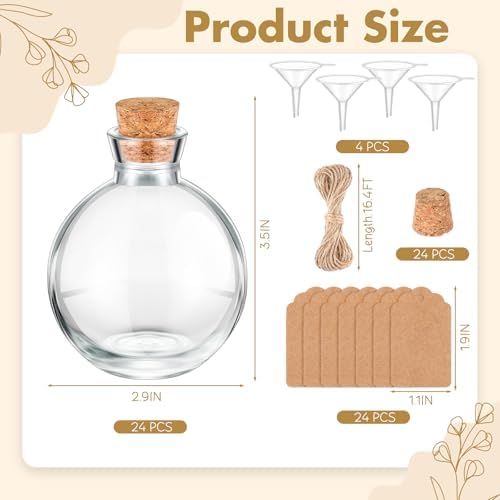Baderke 24 Sets Mini Glass Bottles with Cork Lids 5 oz Round Potion Bottles