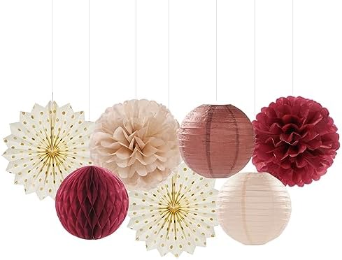 Brown Burgundy Champagne Boho Party-Decorations - 14pcs Rustic Wedding Paper Lanterns Fan,Tissue Pom Poms Streamers,Honeycomb,Fall Autumn Birthday Baby Bridal Shower Engagement Decor Lasting Surprise