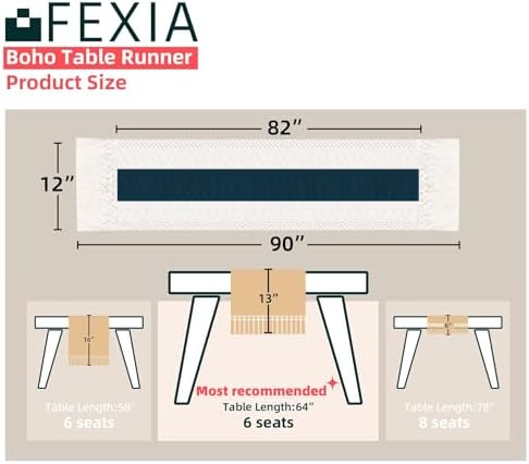 FEXIA Boho Table Runner for Home Decor 12x90 Blue Fall Rustic Decorations