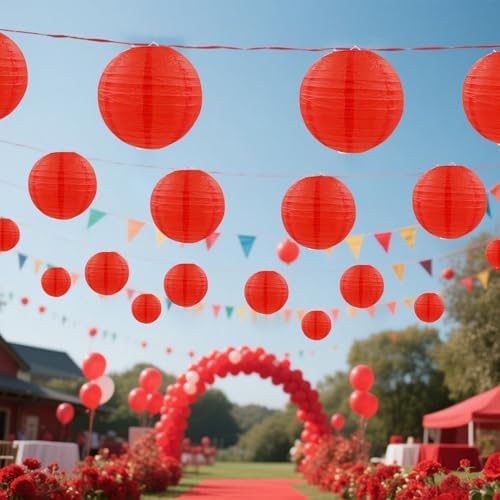 Red Paper Lanterns Round Hanging Lanterns for Birthday Wedding Baby Bridal Shower Christmas Home Party Decoration (9 PCS)