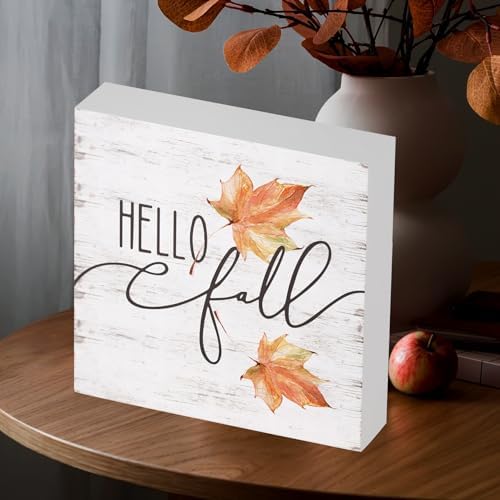 Hello Fall Wood Box Sign, Maple Leaves Desk Shelf Decor, Autumn Decor, Farmhouse Fall Wooden Box Block Sign