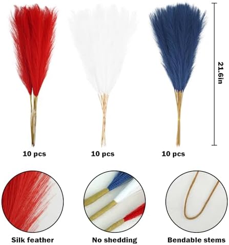 Agusbagli 30pcs 4th of July Decorations Faux Pampas Grass, 21.6in Red White and Blue Artificial Pompous Grass Patriotic Fake Pampas Stems Vase Filler for Home Table Independence Day Memorial Day