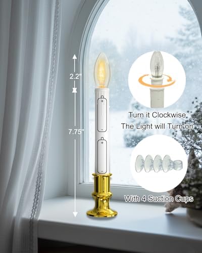 SUNSGNE Battery Operated Window Candles, Flameless Window Candles with Auto Timer for Holiday Home Table Christmas Decor, C26 LED Ultra-Bright Bulbs, 4 Pack, Gold Base