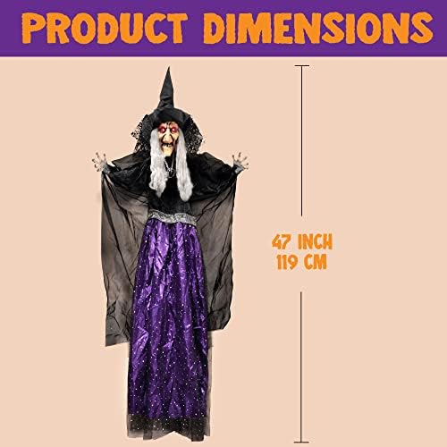JOYIN 47” Animated Witch Halloween Decorations Outdoor Indoor, Scary Halloween Animatronics Decor, Hanging Ghost Talking Sound Activated Led Lights Eyes Haunted House Yard Garden Lawn