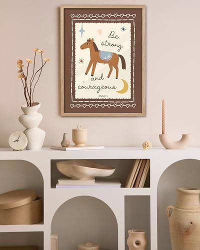 KensTro 12x16 Oak Framed Joshua 1:9 Horse Christian Wall Art