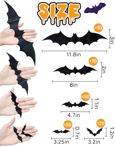 120 Pcs 3D Halloween Decorations Bats Decor,5 Sizes Bats Wall Decor Indoor