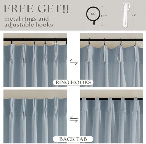 TWODRAPES Blue Grey 90 Inch Linen Curtains Pinch Pleated for Living Room