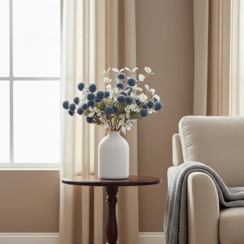 Faux Dusty Blue Flowers, Blue and White Floral Stems For Centerpieces, Fake Mums Artificial Flowers, Flores Azules