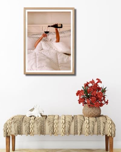 EcoHest 18x24 in Woman Drinking Wine in Bed Framed Wall Art for Bedroom