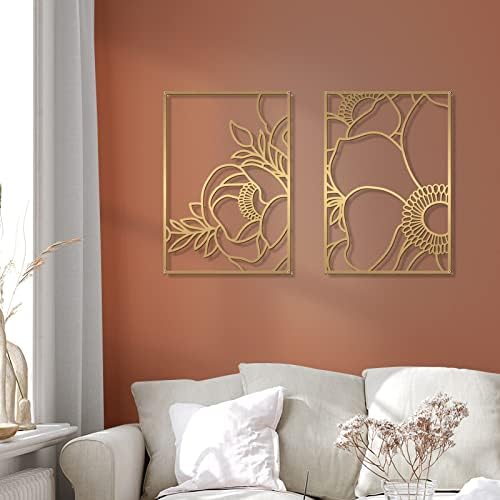 Glamativity Large 4 Pack Gold Wall Art, Minimalist Decor, Real Metal, Nature Floral Abstract, for Bedroom, Living Room