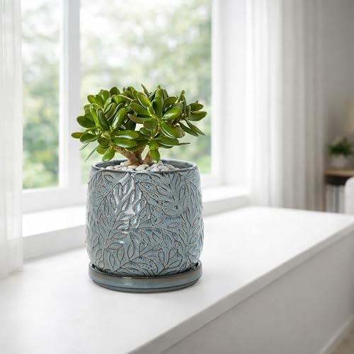 D'vine Dev Embossed Leaves Ceramic Planter, 5 in, Graphite Blue, 27-A-V-9