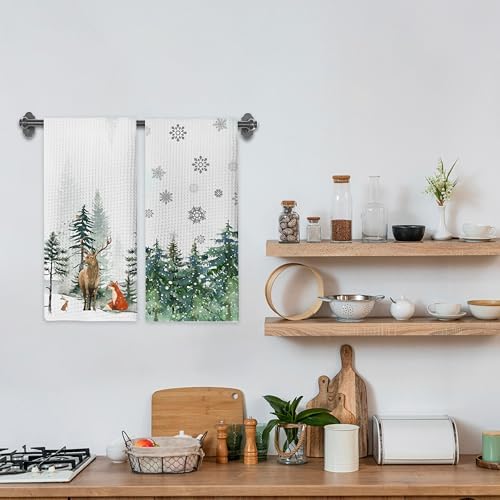 Winter Decor Deer Green Tree Snow Christmas Kitchen Towels,16x24 Inches Set of 2,Tea Towels Dish Towels Hand Towels for Home Kitchen Farmhouse Bathroom Decor.(027)