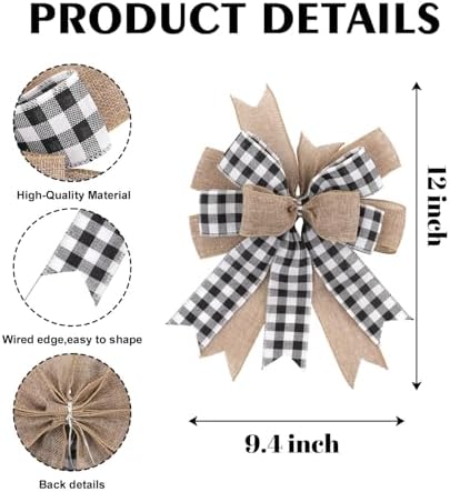 Buffalo Plaid Bow, 9.4 x 11.8 Inch Black and White Check Burlap with Wired Ribbon, Handmade Farmhouse Wreath Bow for Front Door Mailbox Lantern Tree Topper Year Round Decor