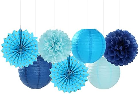 Light-Royal Navy-Blue White Party-Decorations Streamers - 14pc Boy Birthday Baby Shower Paper Lanterns Fan,Tissue Pom Poms,Honeycomb Balls,Bachelorette Bridal Wedding Engagement Decor Lasting Surprise