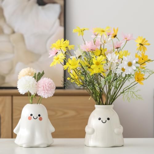 Cute Ghost Vase Ceramic Ghost Bucket Vase, H 5.9" Halloween Vases Ceramic Ghosts Decor for Home Table Desk Bedroom Halloween Decorations, Ceramic Vases for Flowers (A-Matte Finish)