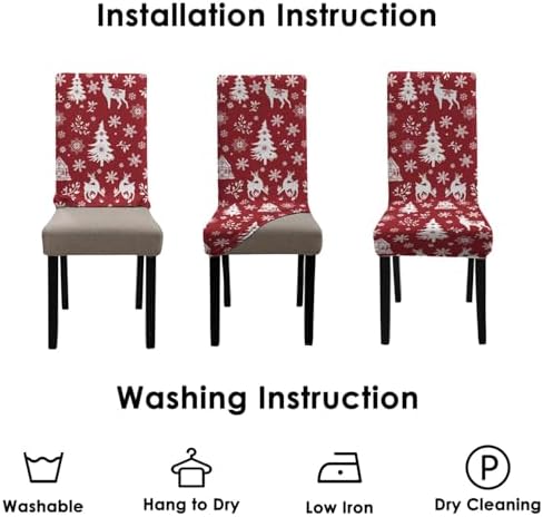 Red Christmas Chair Covers Set of 6,Winter Christmas Tree Snowflake Elk Chair Protectors,Elastic Removable Washable Dining Chair Covers for Winter Christmas Kitchen Dining Room Holiday Decor