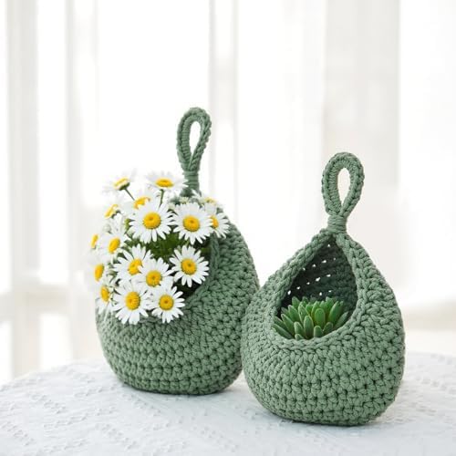 Boho Decor Hanging Wall Baskets / Sage Green / Cotton Rope / Teardrop / Set of 3