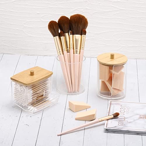 Tbestmax Bathroom Organizer Accessories Set-10 OZ Qtips Holder Storage with Bamboo Lids, Cotton Ball/Swabs Dispenser