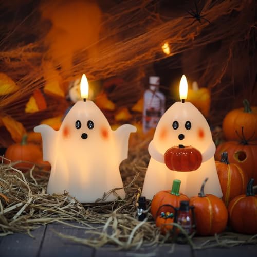 Halloween Ghost Flameless Candles with Timer Hand-Painted Pumpkin