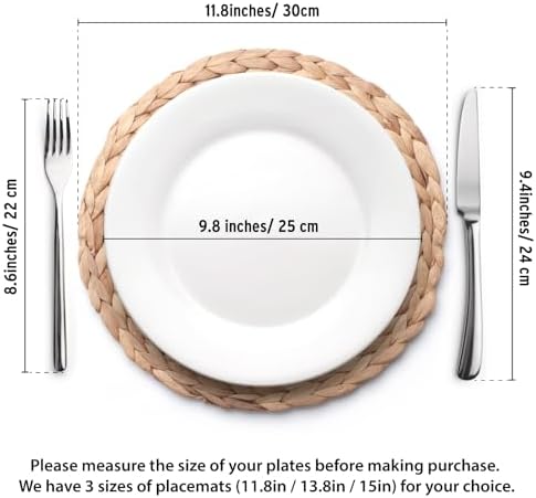 YANGQIHOME 6 Pack, Round Woven Placemats, Natural Water Hyacinth Wicker Place mats, Braided Straw Table Mats, Charger Plates for Dining Table, Fall, Thanksgiving, Christmas (11.8 inch)