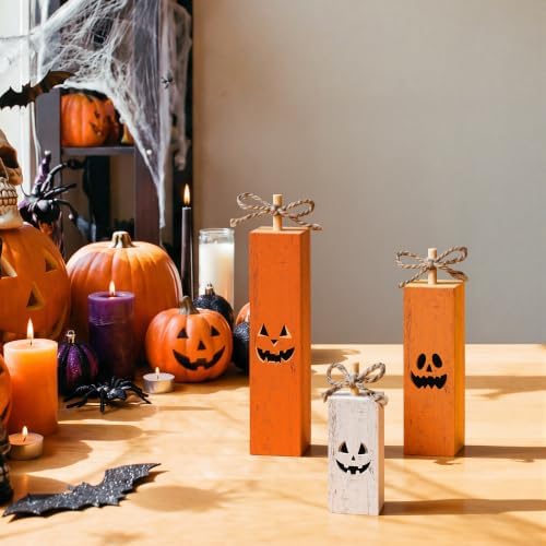 Smile Halloween Wooden Standing Block Decor Orange Jack-O'-Lantern Face