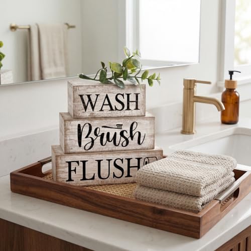 Moucuny 3 Pcs Bathroom Decor Wooden Block Signs Farmhouse Rustic