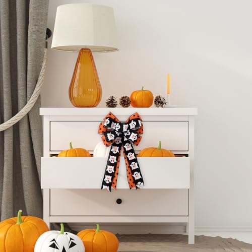 JarThenaAMCS Halloween Wreath Bow Ghost Boo Polka Dots Wired Edge Bow Black Orange Fabric Craft Bowknot for Front Door Tree Topper Indoor Outdoor Decor, 11 x 20.3 Inch