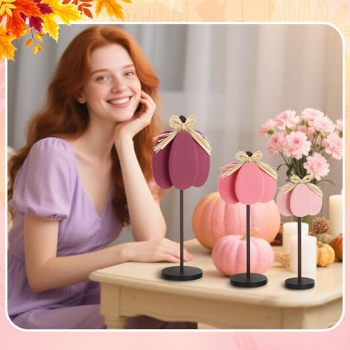 Thyle 3 Pcs Fall Pumpkin Decor, Wooden, Pink