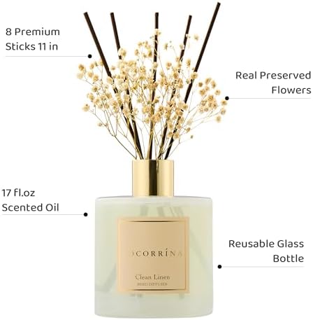 COCORRÍNA Reed Diffuser - Clean Linen 17 Fl.oz Reed Diffuser with 8 Sticks Scented Diffuser with Preserved Flowers for