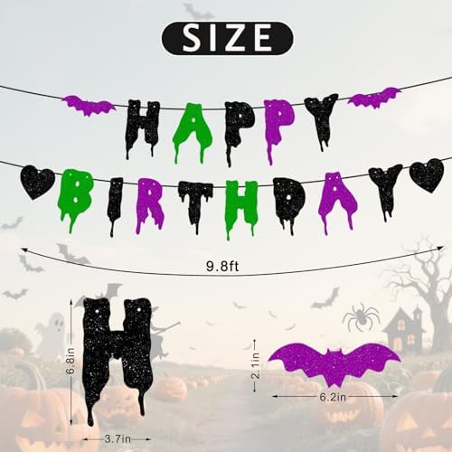 Happy Birthday Halloween Banner NO DIY Glitter Halloween Birthday Party Decorations for Home Office Wall Mantle Scary Party Decorations (Black Green Purple)