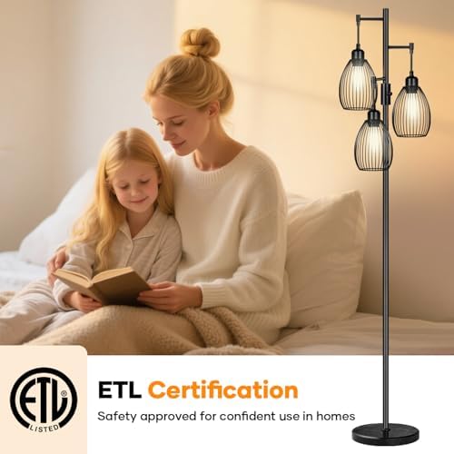 Dimmable Floor Lamp,3x800LM LED Bulbs Included, Farmhouse Industrial Floor Lamp Standing Tree Lamp with Teardrop Cage