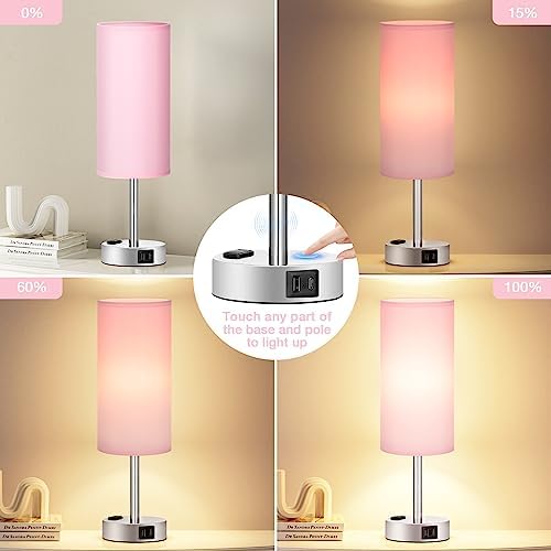 Fenmzee Pink Bedside Lamp for Bedroom, Dimmable Touch, USB A+C, AC Outlet