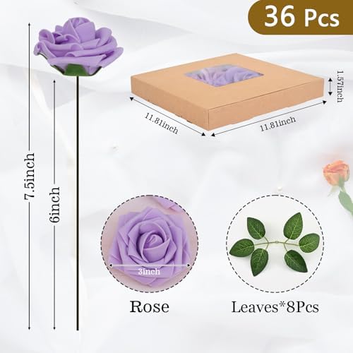BLEUM CADE 36Pcs Artificial Flowers Fake Foam Roses with Stems for Wedding