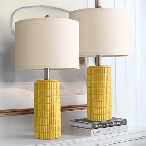 PoKat 23" Yellow Table Lamps Set of 2, Modern Living Room End Table Lamps Decor, Ceramic Lamps for Living Room