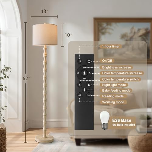 BOBOMOMO 62" Rustic Farmhouse Floor Lamp Antique White with Remote & Dimmable 9W Bulb, 3 Color Temperatures Resin