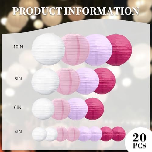 20Pcs Light Purple Rose Red Pink White Paper Lanterns for Parties, 4” 6” 8” 10” Chinese Asian Hanging Round Paper Lanterns for Birthday Wedding Halloween Christmas Home Decor Party Decor