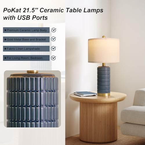 PoKat 21.5'' Bedside Table Lamps Set of 2 with USB A+C Ports for Living Room, Ceramic Modern Lamps for Bedroom, Small