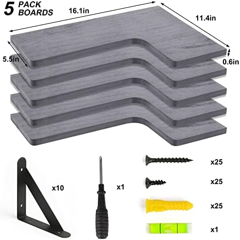 Fixwal Corner Floating Shelves Set of 5, Rustic Wood Wall Mounted Corner Shelf for Bathroom, Kitchen, Bedroom, Home