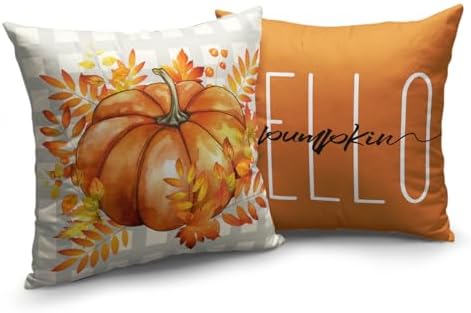 Fall Pillow Covers 24x24 Maple Leaf Pumpkin Farmhouse Decorative Pillow Covers Set of 2 Orange Plaid Autumn Linen Throw Pillow Covers Happy Fall Thanksgiving Pillow Cases for Sofa Home Decor
